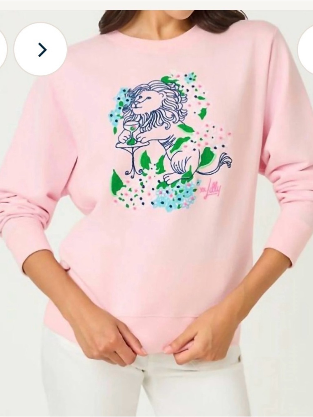 Lilly Pulitzer, NWT Pink Graphic Crewneck Sweatshirt Lydia the Lion Motif small